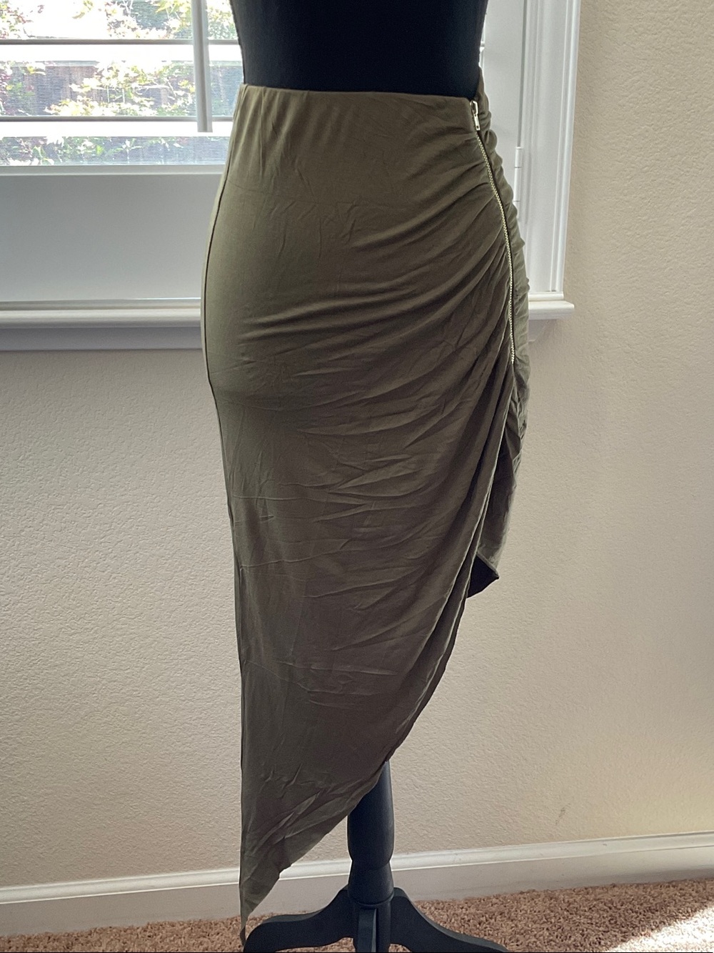 ANGL Olive Green Midi Skirt with Side Zip Detail